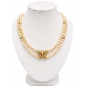 Vintage Double Strand Faux Pearl Choker Gold Rhinestone Butterfly Clasp Necklace